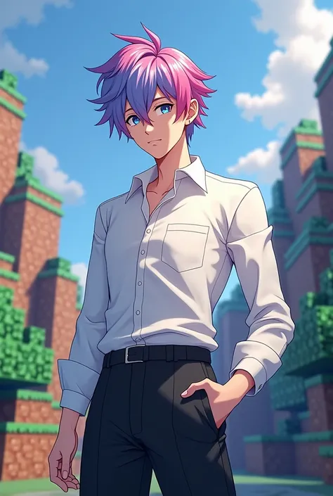 make fanart of a male character with pink and blue hair wearing white and black clothes with a minecraft rendering background