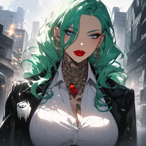 from front, Mafia anime girls, Look at viewers, light skin, Mommy aura, green color hair, long hair, twintail hairstyle, huge breast, red lipstick, Sexy lips, Mafia outfit, ear piercing, Tatto on her neck, Warm lighting, Dramatic lighting, Cinematic, 4K qu...