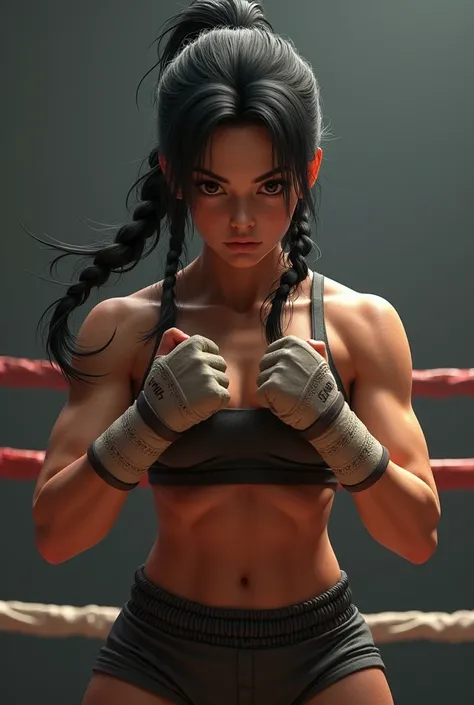 Female boxer,  3D rendering ,  American plan ,  Hair with two high braids,  black hair, 