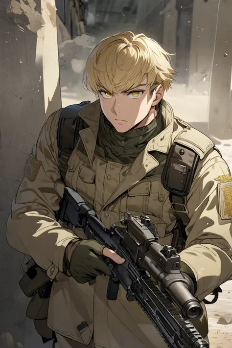 blond hairs, man, short hair, golden eyes, military outfit, gun, soldier