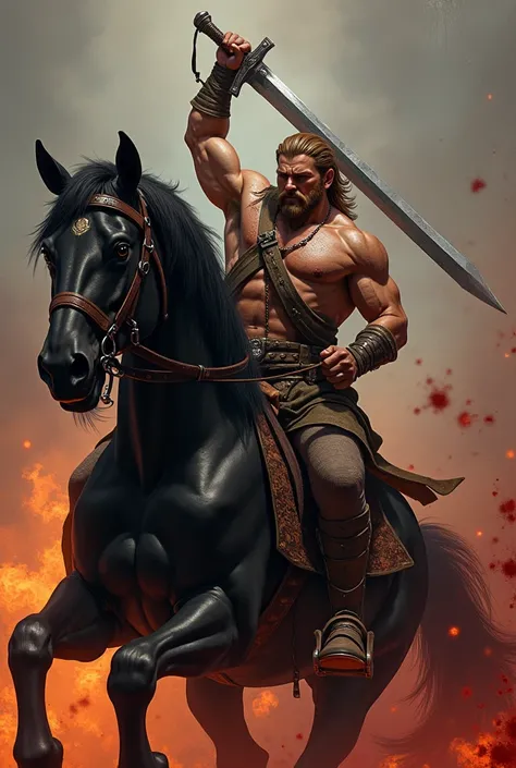 A man with sword above his head on black horse, brozne hair, white skin, no beard, with angry but satisfied face, age 25, fire and blood in background