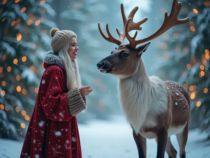 A magical Christmas scene featuring a young and beautiful caucasian woman with long white wavy hair, age 25, skinny fit, cheerfully having a conversation with a majestic reindeer in a magical setting. They are surrounded by a whimsical forest setting with ...