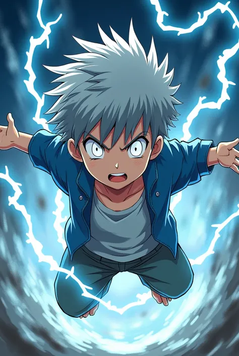 Create an anime-style image of a boy with white eyes and gray hair, with lightning power