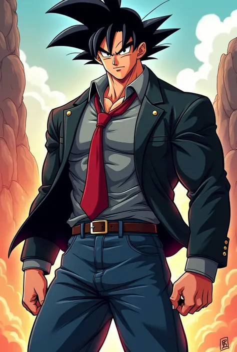 Goku with a black jacket and with a gray long sleeve shirt and with a red tie and with dbs cartoon style jeans