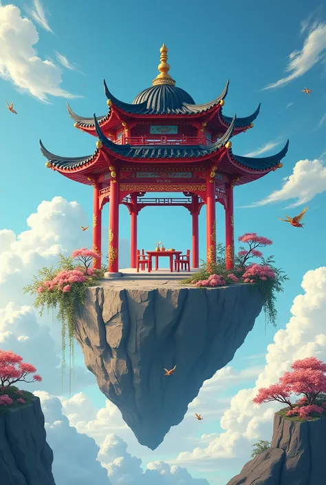  A Chinese-style pavilion in the colors red and black and gold ornaments.  The pavilion stands on a small ebony pedestal .  In the middle is a small table and some cushions in similar colors .  Flora and fauna bloom around the pavilion .  The pavilion is l...