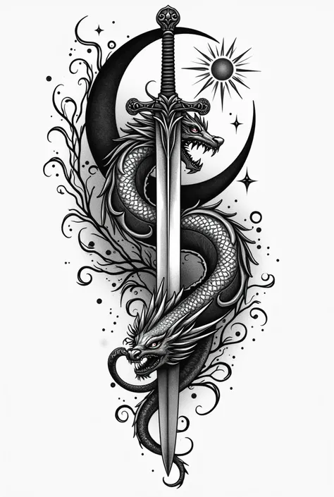 Create a black and white tattoo on the back of a person who is five feet tall, with a moon and sun along with a dragon, a sword and a phrase. "all eyes on me", not too big  