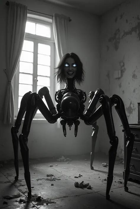  dark and terrifying scene  ,Cinematographic film based on an experiment from the 1930s and in black and white colors of the exoskeleton of a robotic and mechanical spider, with the head of a diabolic woman with bionic eyes , walking ahead,  while smiling ...