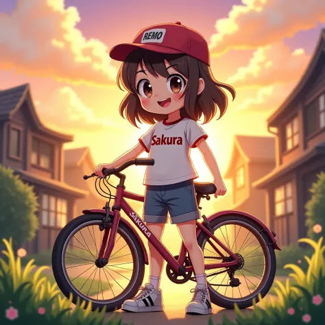 A happy beautiful girl，Dressed in casual attire，standing with a  bike，With a baseball cap，The background is the village，Sunset and sunset，Face the camera，Full body photo，Ultra-high definition name chibi sakura written on her attire in bold stylic STYLE