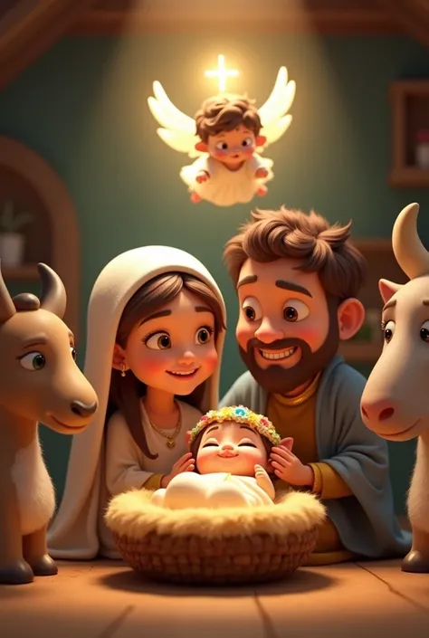  holy family Pixar style with Mary, Joseph, the baby jesus, The Mule, the ox , two sheep ,  an angel in a crib , All smiling