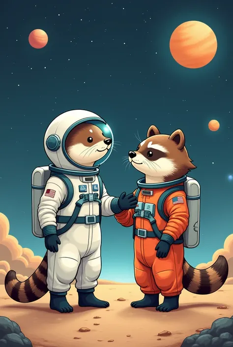 The illustration should contain the following aspects:

an otter in space wearing an astronauts uniform greeting another raccoon astronaut, The illustration must have the name of Vicente Lema and say 1 "b"

thank you