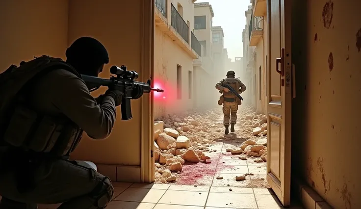 "An intense daytime combat scene set in an luxury, war-torn building. Bright natural daylight streams through shattered windows, illuminating the dusty, crumbling interior. The foreground features a soldier in tactical gear, aiming a scoped rifle from a cr...