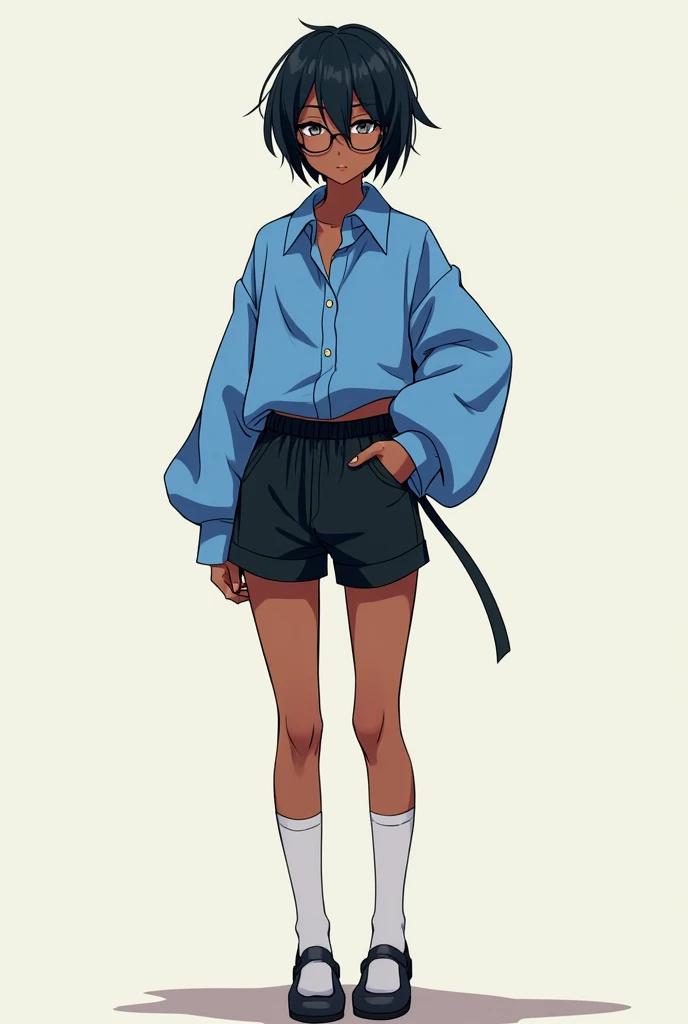 Anime style- solo, 1male, dark skin, tshirt, short dark hair, tanline, femboy, eye glass, womens black sports shorts, blue oversize blouse, high socks, thick thighs, thin waist, wide hips.