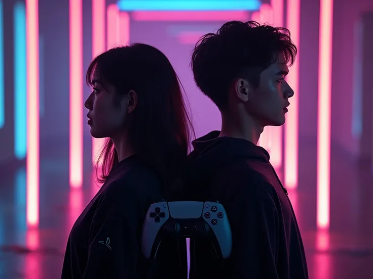 brothers, one woman and one man, both wearing black sweatshirts, they are back to back and in the middle there is a PS5 controller, in the background you can see colorful neon lights