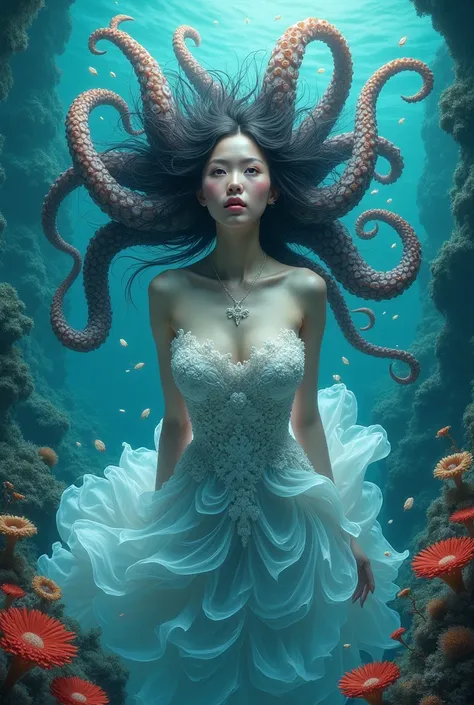 Strategy game style (Ultrarealistic:1.3) a woman in an underwater dress with octopus hair, beautiful octopus woman, portrait of an octopus goddess, avant garde fashion model, portrait of mermaid queen, wearing a dress made of water, lady with glowing flowe...