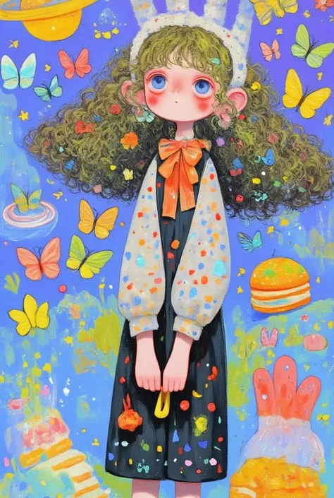 Cartoon girl with big curls standing in a room , Broccoli Hair ,  cute detailed digital art ,  colorful illustration , Lovely art style, 可爱的数字艺术, Cute illustrations,  可爱的细节艺术品 , Colorfull illustration,  art on artstation ,  a beautiful art illustration , F...