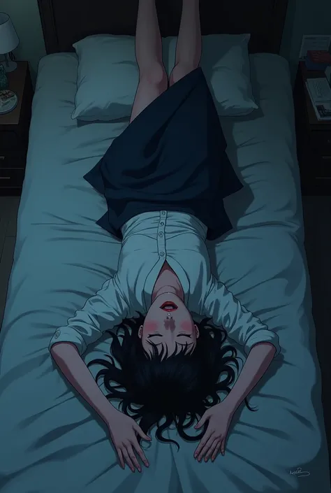 score_9, score_8_up, score_7_up, score_6_up, score_5_up, score_4_up, source_anime, solo focus, office girl in bed, eyes closed, drunk, drunk girl, mouth open, drolling, passed out, (fall asleep), top-down bottom-up, disheveled clothes, skirt lifted, messy ...