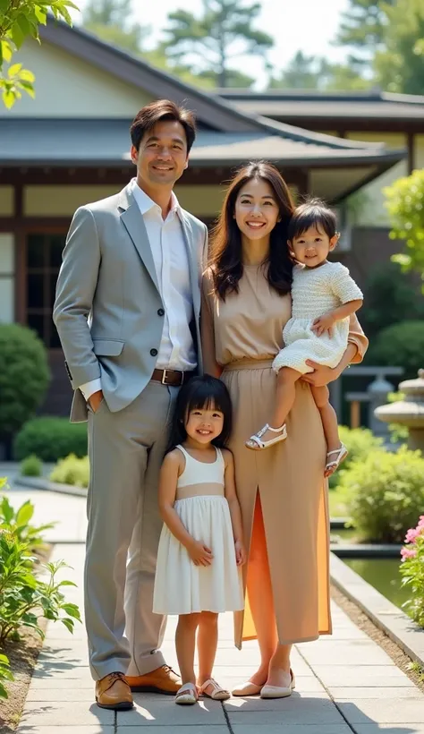 A bright photo of a successful Japanese family, with their home and garden in the background