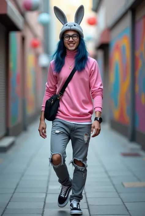 A handsome Korean man with long black-blue hair , smiling, wearing an rabbit helmet with glasses, wearing a pink turtleneck, ripped gray pants and vans sneakers, a sling bag, a watch, an "A" necklace, is walking in a cool style in an alley with beautiful c...