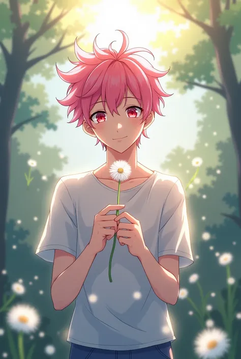 a pink-haired teenage man with a little bit of coffee ,  red eyes holding a dandelion in his hands with a pretty background behind, ANIME VERSION OR STYLE 