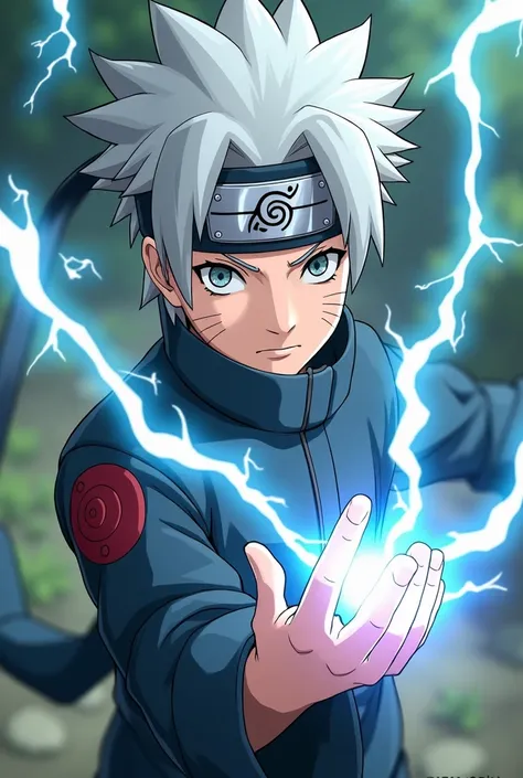 Create an anime-style image of a boy a boy from the Naruto hyuuga clan, gray hair, with lightning power,  White eyes, leaf village bandana, With the face of a more serious anime
