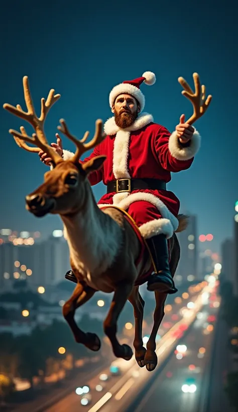 Generate a prompt for the bellied Messi dressed as Santa Claus flying with reindeer at night passing through Rio de Janeiro

