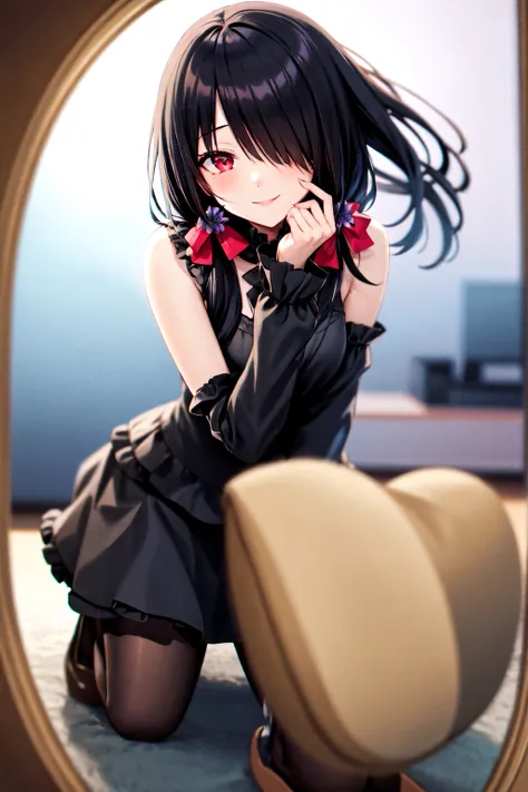 1girl, solo, kneeling, seiza, cckurumi, long hair, low twintails, hair flower, hair over one eye, hair bow, gothic, black dress, ribbon, pantyhose, slippers, sitting, smile, looking at viewer, leaning forward, indoors, living room, television, window, plan...