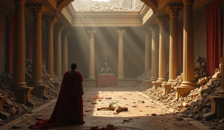 
"A dramatic scene reflecting the state of Neros empty treasury, symbolizing the financial collapse of his rule. The scene is set in a grand but now desolate Roman palace, with empty chests and broken vaults scattered around. The once-wealthy symbols of th...