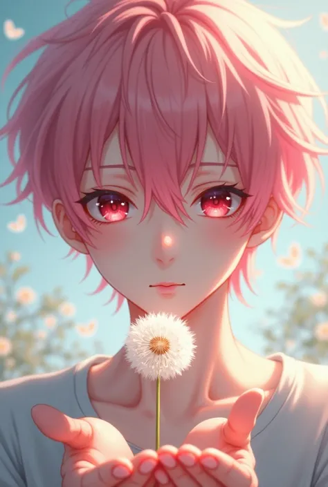 a teenage man with pastel pink hair ,  deep red eyes holding a dandelion in his hands with a pretty background behind, ANIME VERSION OR STYLE 