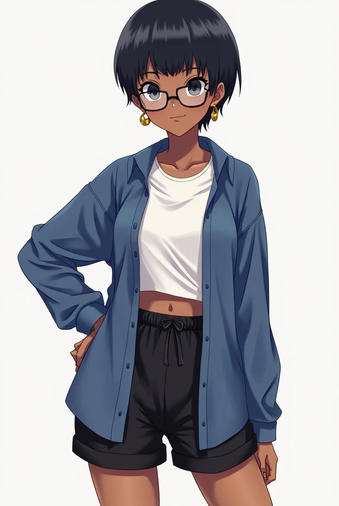 Anime style- solo, 1male, dark skin, tshirt, short dark hair, tanline, femboy, eye glass, womens black sports shorts, blue oversize blouse, high socks, thick thighs, thin waist, wide hips, gold clip-on earrings, flat chest, super flat chest, {{Male}}, tan ...