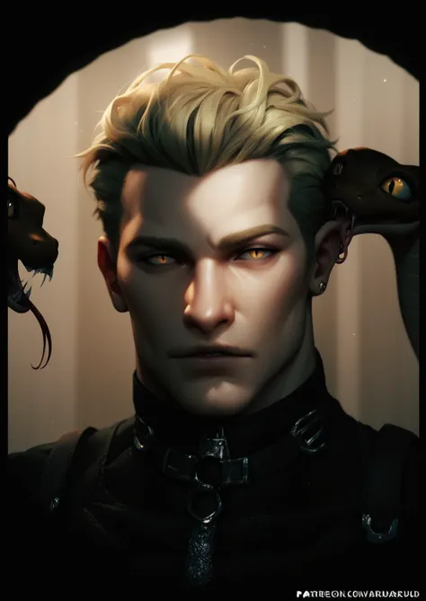 Male, long blonde hair, snake eyes, middle-aged man 