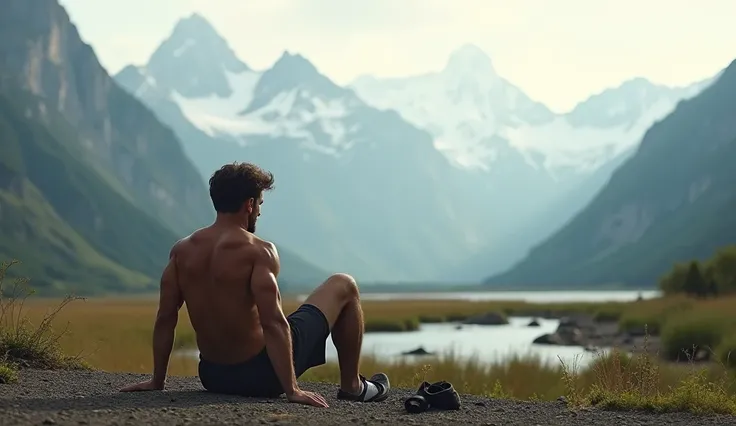 horizontal images of a man with his back ,  resting after exercising in mountains outdoors