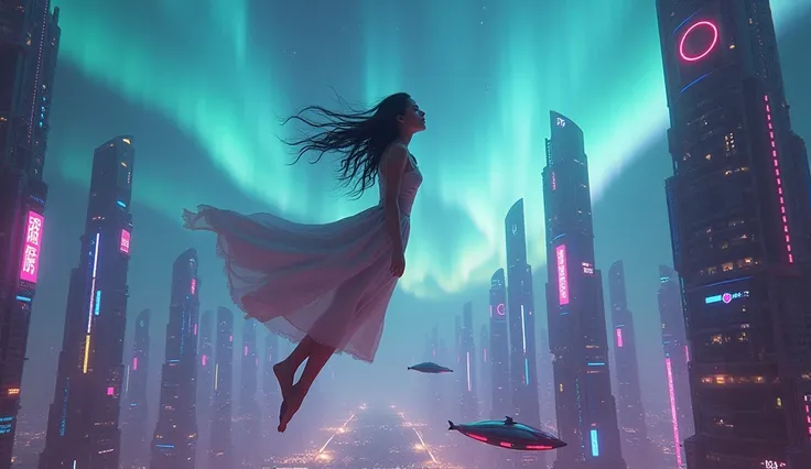 a beautiful young woman is flying in the aurora above cyberpunk city