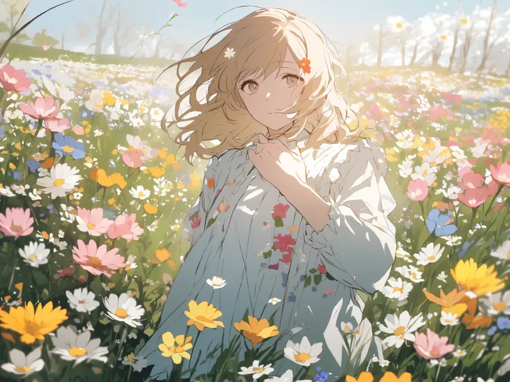 spring,   flowers blooming in the field ,  woman ,  look at the sky     