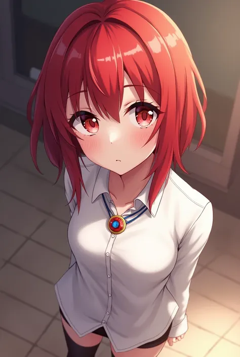 2D,   masterpiece ,  best quality, anime,  highly detailed face,  Highly Detailed Eyes,  highly detailed background ,  Perfect lighting, 1 , Alone,  full body , standing, latex legwear, white shirt,  red hair , amulet 