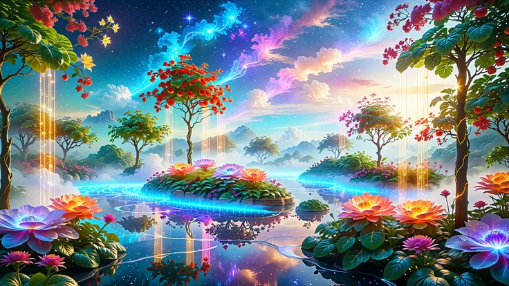 A Masterpiece In 32K Resolution, Supreme Quality, Super Detail, Official Art, Very High-Resolution 32K Wallpaper, Beautiful And Aesthetic, Ultra-Detailed Features, Awe-Inspiring Detail. A Floating Garden Suspended Above The Clouds, With Pathways Made Of Li...