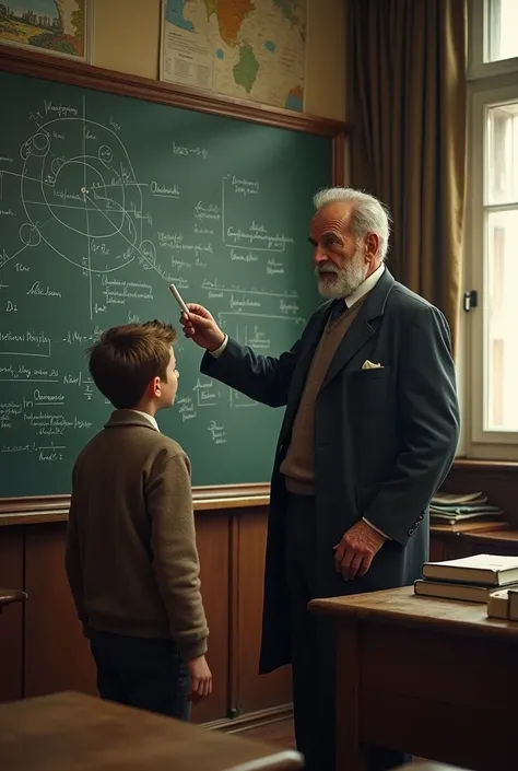 German physics teacher explaining his formulas on a blackboard to a student from his school in his class at the German school in the 1940s 