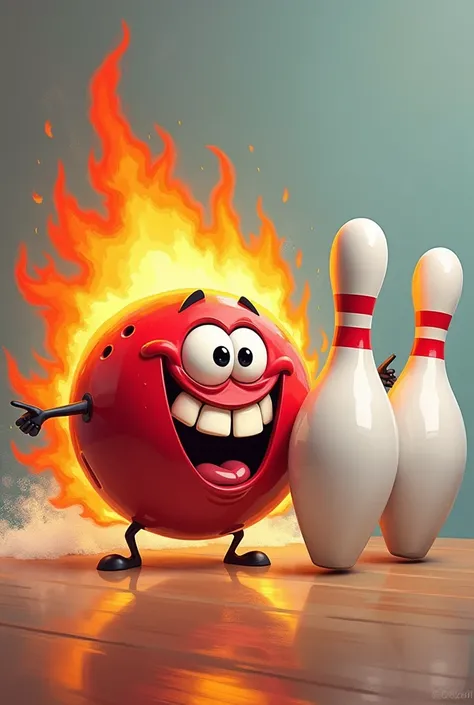 Two bowling pins with a furious burning ball in the shape of a cartoon and the ball laughing 