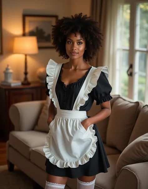 An 18-year-old Afro-descendant woman in a classic black and white maid outfit, featuring a frilly apron, a short skirt, and lace-trimmed stockings. She stands gracefully in a living room with soft, cozy lighting, her hands elegantly resting on her hips. Th...