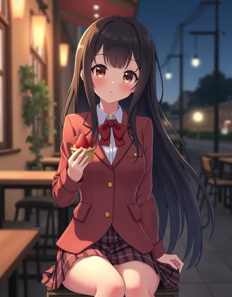 (With two girls with slender small breasts、With one girl with long hair with dull bangs in a winter blazer school uniform、Close up portrait of one girl with short hair in winter blazer school uniform:1.5)、(Sit on a chair、Two girls eat strowberry cake  with...