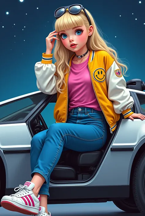 Back to the Future poster style. a russian girl, similar to a human barbie, with pale skin, light blue eyes, long blonde hair with bangs, rosy cheeks, Rosy Lips. she wears a yellow and white college jacket with a happy face on it, a fuchsia t-shirt underne...