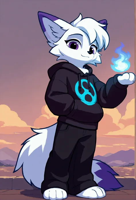 A hairy fox with white fur  ,  being tall and thin and having paws and having black and purple eyes and being male and having white hair and wearing a black hoodie with a small blue fire symbol and wearing black pants and being in the background in a cloud...