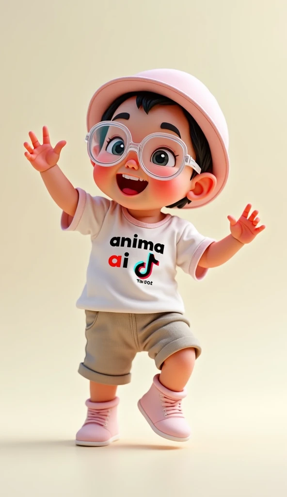 A cheerfully dancing baby  ,  wearing a shirt printed with the name "Anima AI " And a TikTok logo .  The baby is wearing a hat and clear glasses