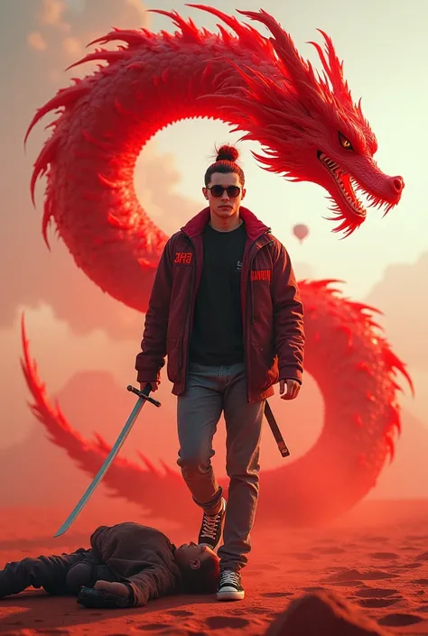  photography handsome Korean man long hair half hair color red and white in a bun ,  Sunglasses , sword,  red water dragon ,  Name is  (RAWON ) ,  he is wearing jeans ,  body jacket inscribed  " RAWON  ", and black and white sneakers ,  stepping on the hea...