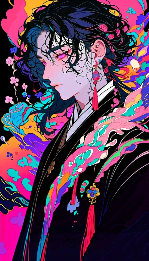  Masterpiece  , male focus, 1 40-year-old male , Lonely, profile,  black hair, Tassel  earrings for a woman alone, Tassel, gem,  earrings for a woman alone,  black background,  pink eyes,  long hair,  crystals, Koi,  upper body,  colorful hair，Pearlescent ...