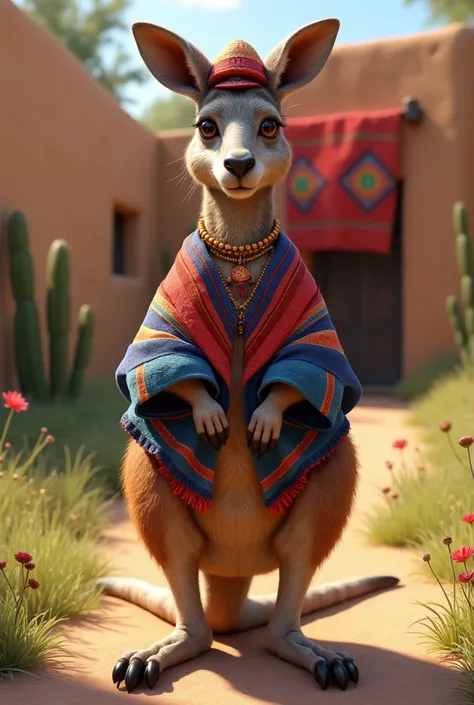 Generate a realistic image of a kangaroo wearing clothing and cultural accessories from the country Argentina 