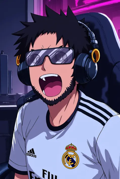 Anime photo of a bearded dark-haired boy with gamer headphones sitting in a gamar chair wearing sunglasses and Real Madrid shirt shouting GOAL