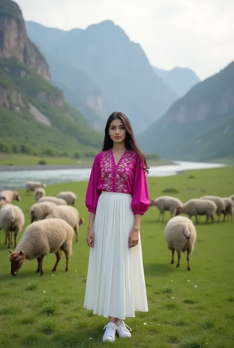 Beautiful woman wearing a Korean hijab, wearing a sweet smile fuchsia blouse with floral motif combined with a long white pleated skirt, white sneakers, standing in a grass field in the middle of the beautiful and wide green valley of the Kumrat Valley in ...