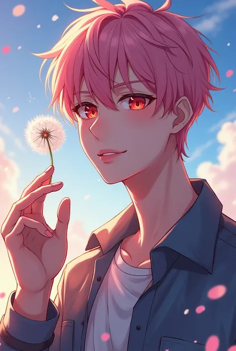 a teenage man with pastel pink hair , intense red eyes holding a dandelion between one of their hands , with a confident smile with a beautiful background behind, ANIME VERSION OR STYLE 