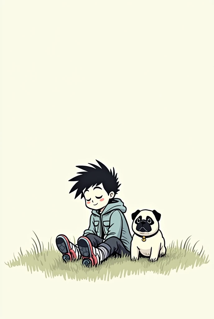  Scott Pilgrims art is minimalist , expressive and dynamic ,  with black and white contrast , Doodle influences and retro video game aesthetics :  a boy sitting on the grass wearing a denim jacket and skates sitting on the grass with a pug dog