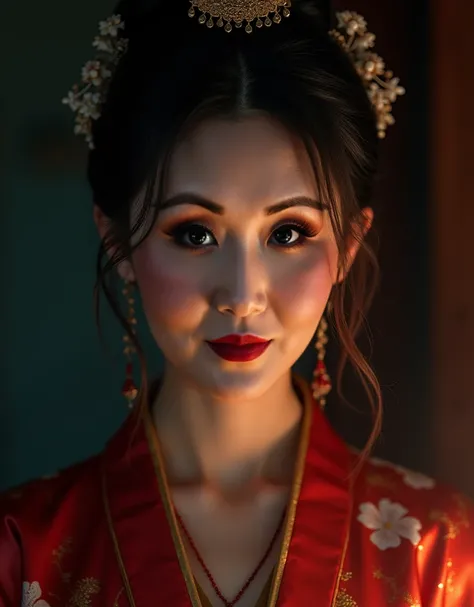 best quality, masterpiece, highres, 1girl,blush,(seductive smile:0.8),star-shaped pupils,china hanfu,hair ornament,necklace, jewelry,Beautiful face,upon_body, tyndall effect,photorealistic, dark studio, rim lighting, two tone lighting,(high detailed skin:1...